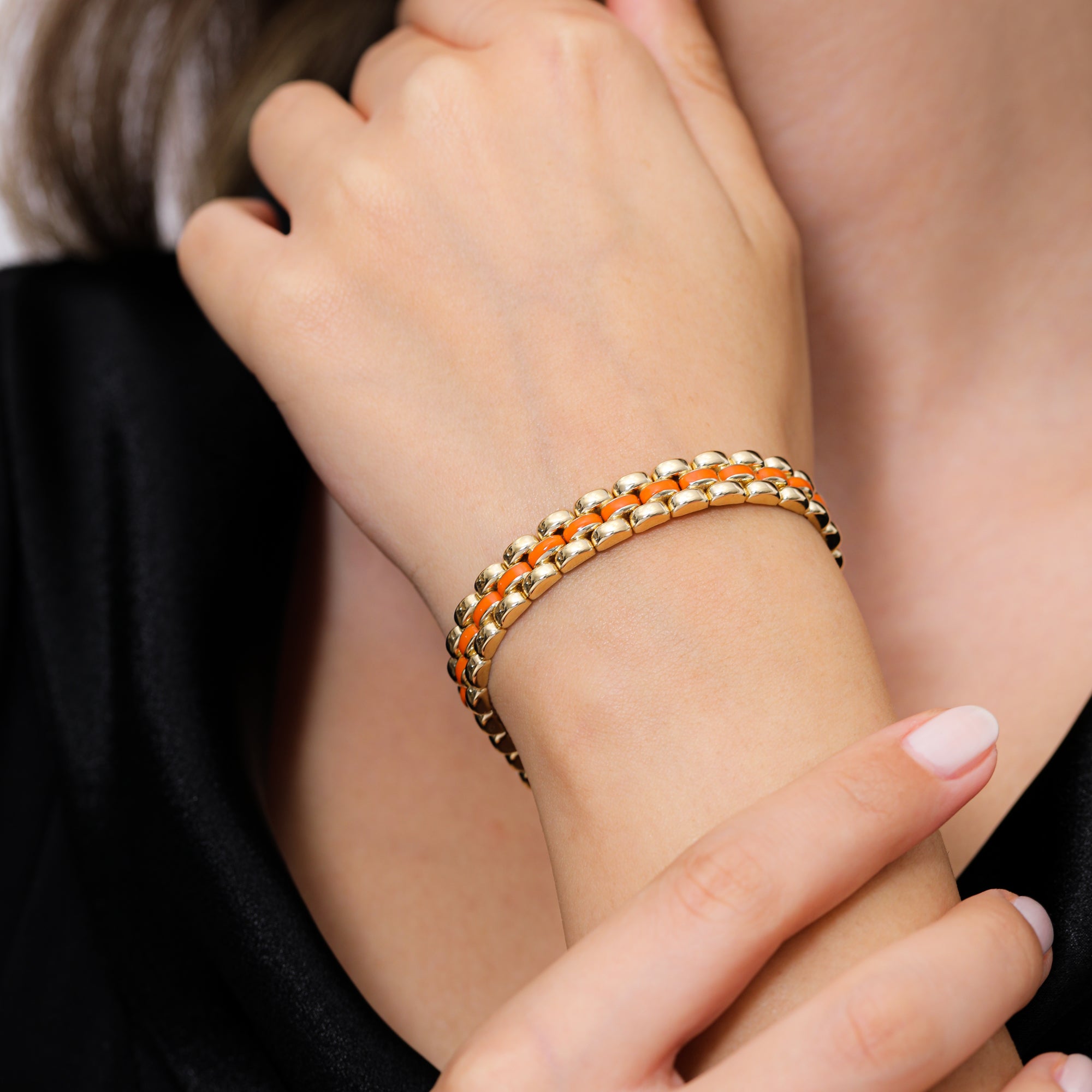 İtalyan 18 Ayar Altın Kaplama Gümüş Bileklik 9mm Turuncu Mineli | Le Lien Royal