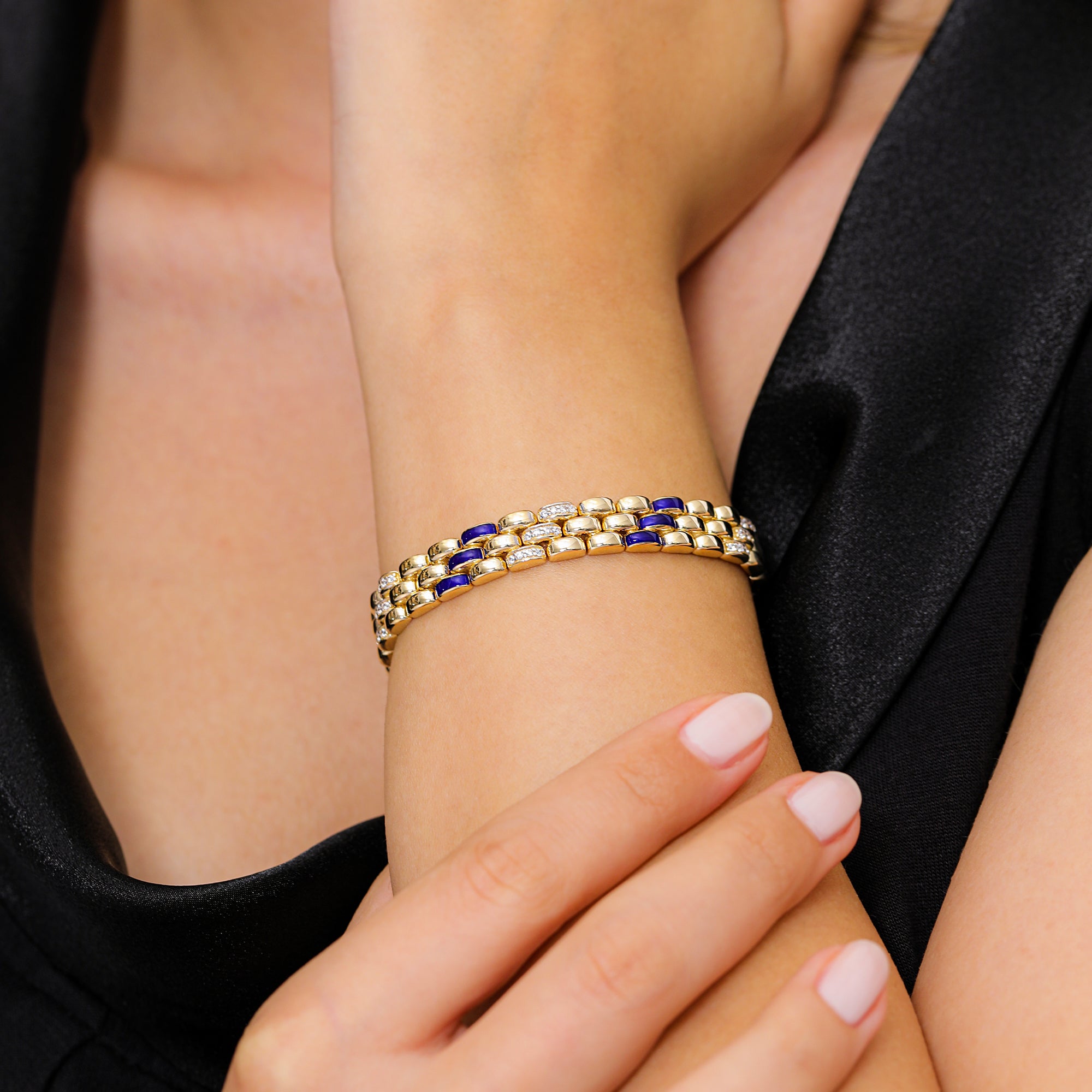 İtalyan 18 Ayar Altın Kaplama Gümüş Bileklik 9mm Lacivert Mineli ve Taşlı | Le Lien Royal