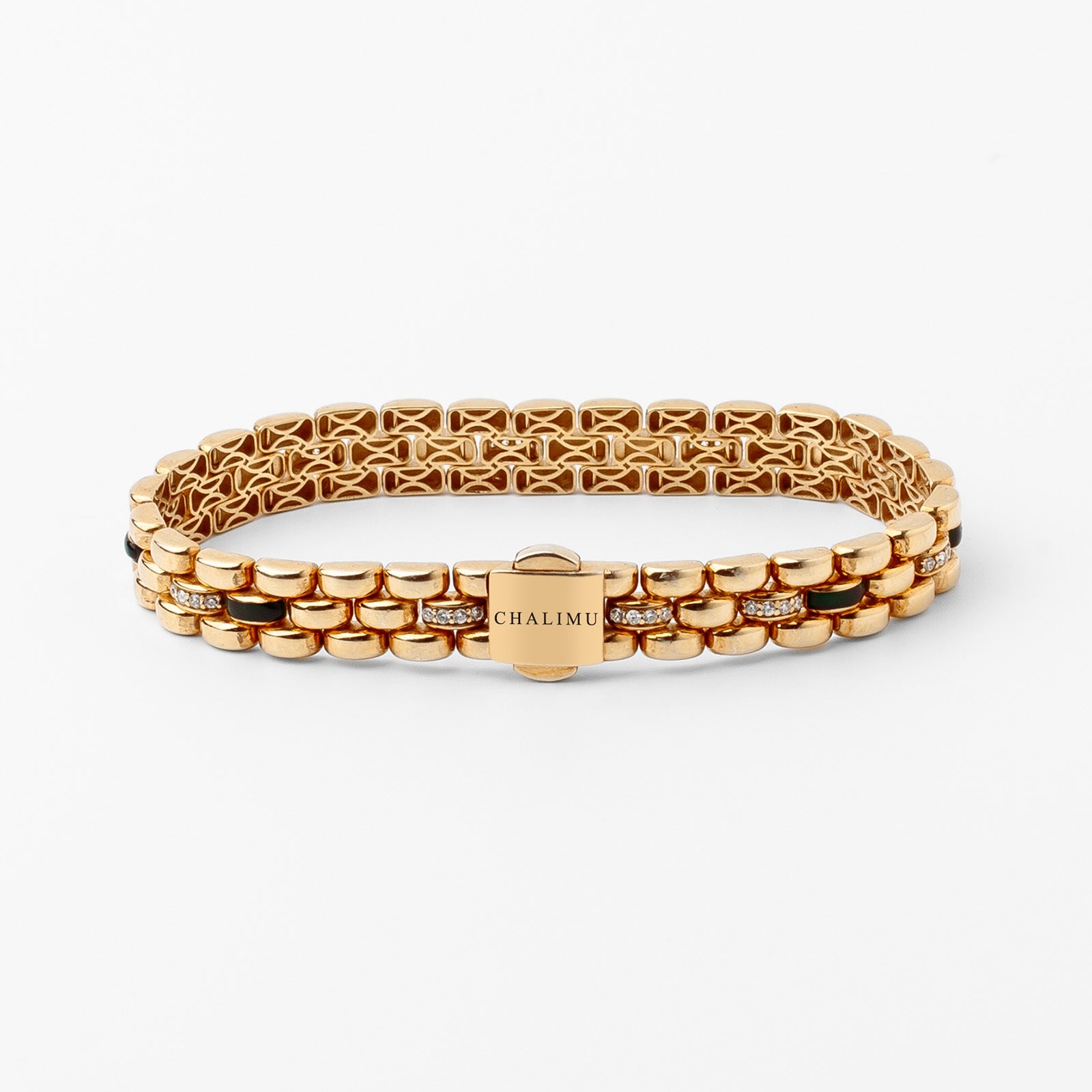 İtalyan 18 Ayar Altın Kaplama Gümüş Bileklik 9mm Yeşil Mineli ve Taşlı | Le Lien Royal