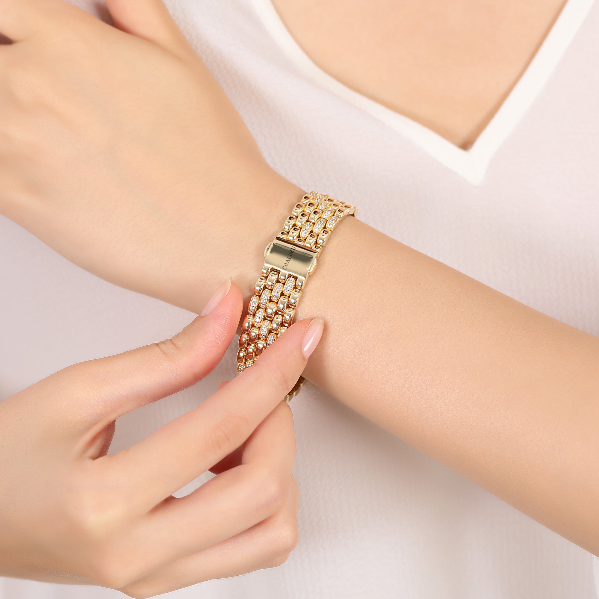 İtalyan 18 Ayar Altın Kaplama Gümüş Bileklik 14mm Taşlı | Le Lien Royal