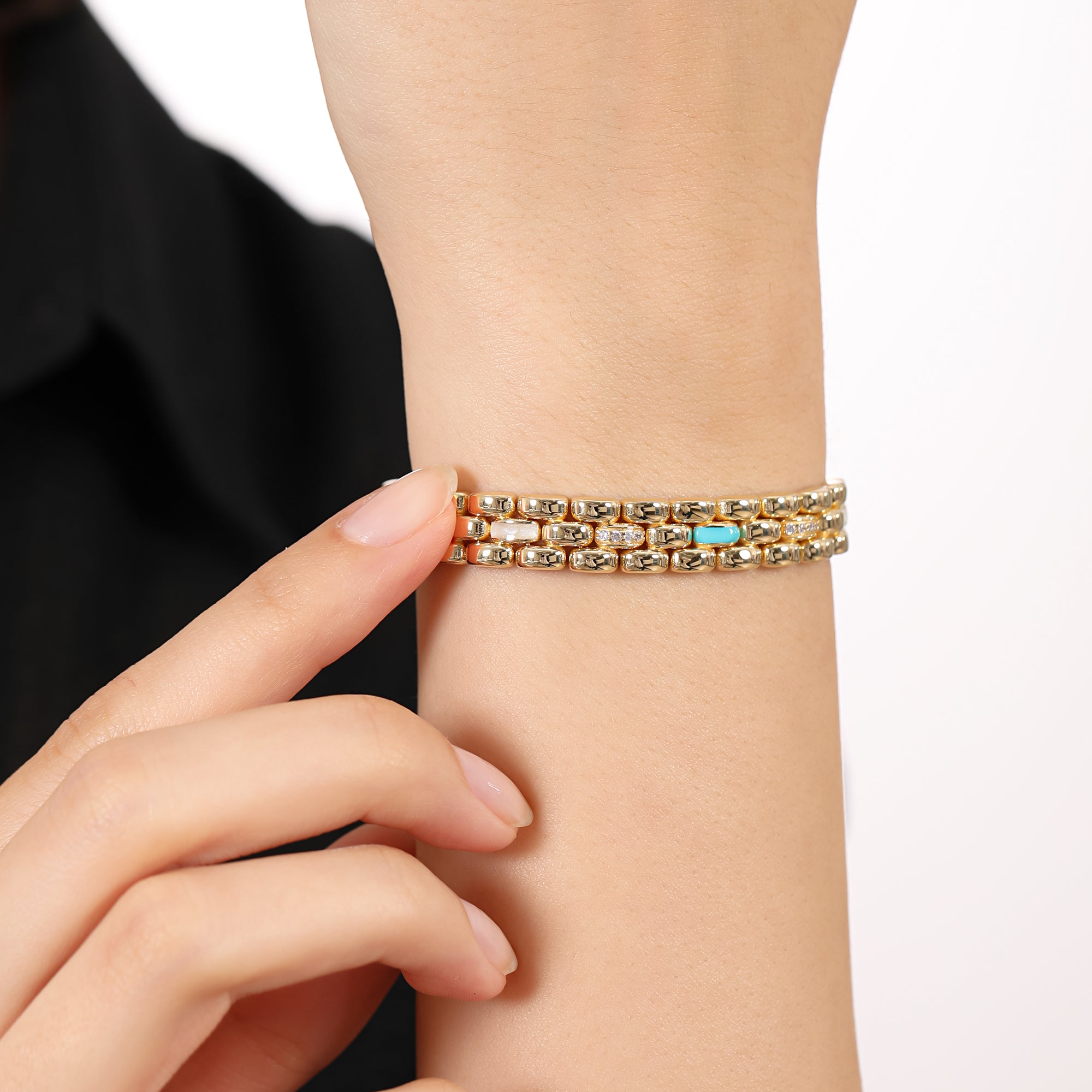 İtalyan 18 Ayar Altın Kaplama Gümüş Bileklik 9mm İnci ve Mavi Minel | Le Lien Royal