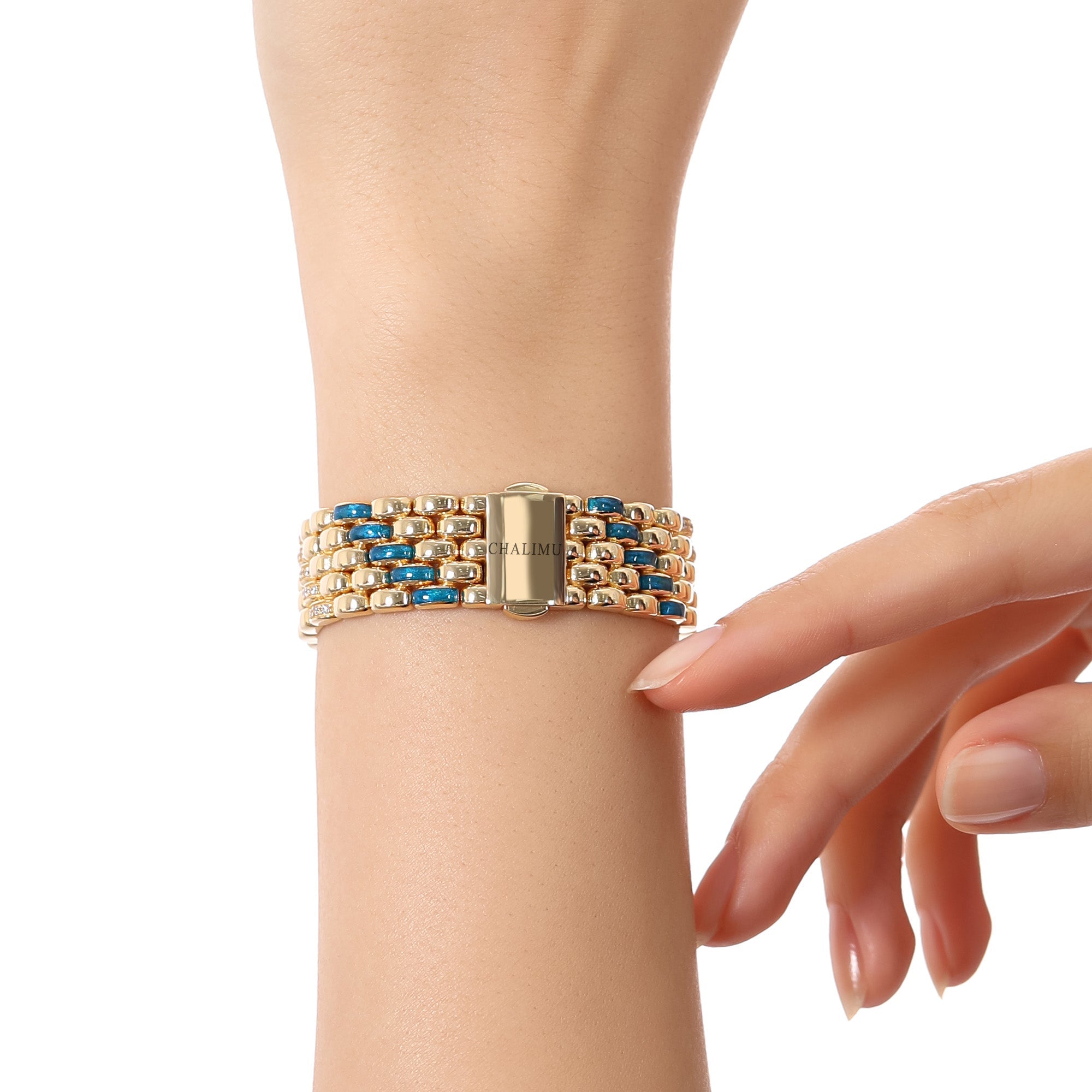İtalyan 18 Ayar Altın Kaplama Gümüş Bileklik 14mm Okyanus Mavisi Mineli | Le Lien Royal