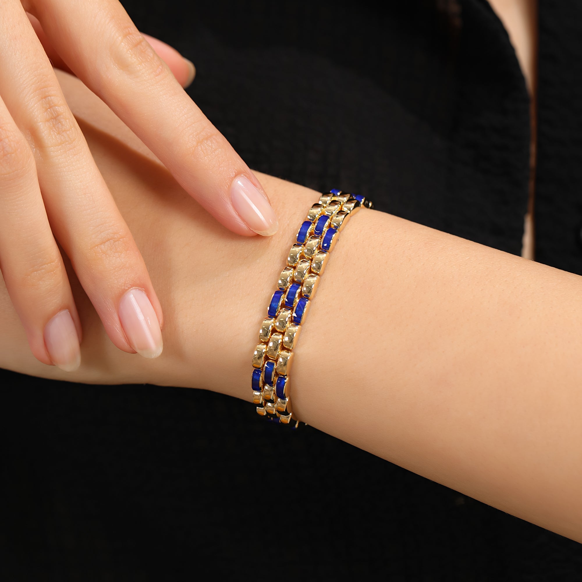 İtalyan 18 Ayar Altın Kaplama Gümüş Bileklik 9mm Lacivert Mineli | Le Lien Royal