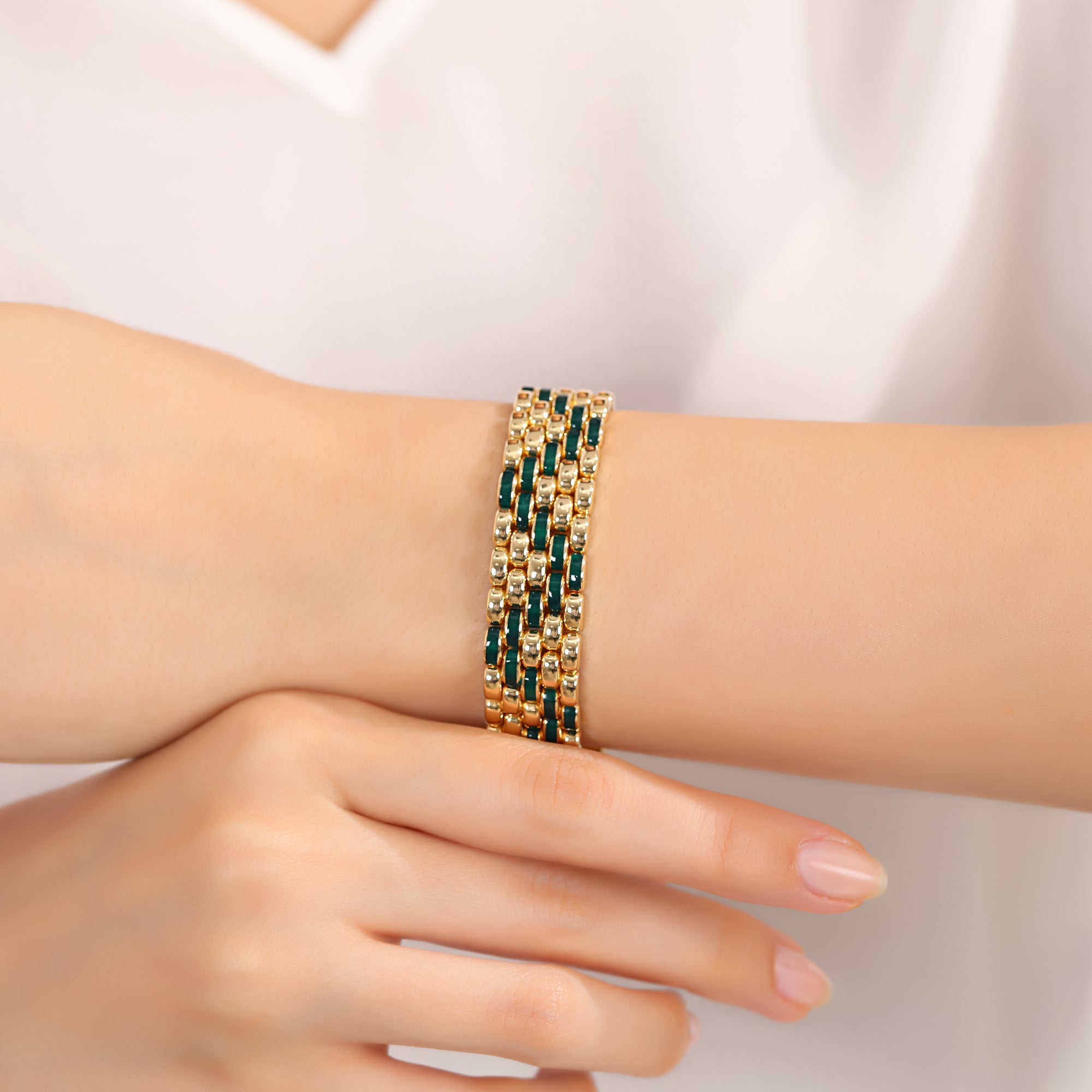 İtalyan 18 Ayar Altın Kaplama Gümüş Bileklik 14mm Yeşil Mineli | Le Lien Royal
