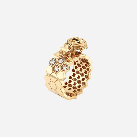 Honey Comb 14K Gold Ring With Stone