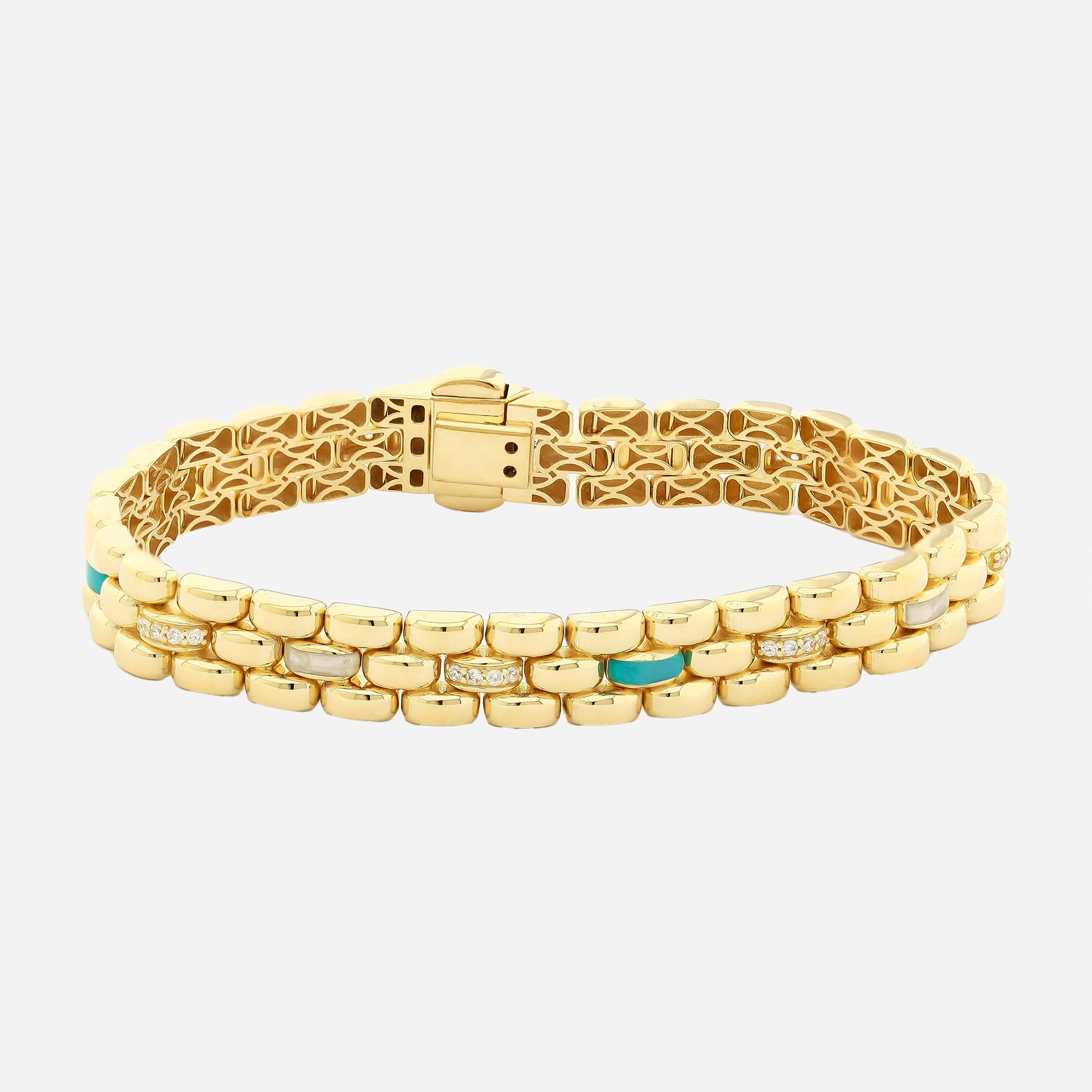 İtalyan 18 Ayar Altın Kaplama Gümüş Bileklik 9mm İnci ve Mavi Minel | Le Lien Royal