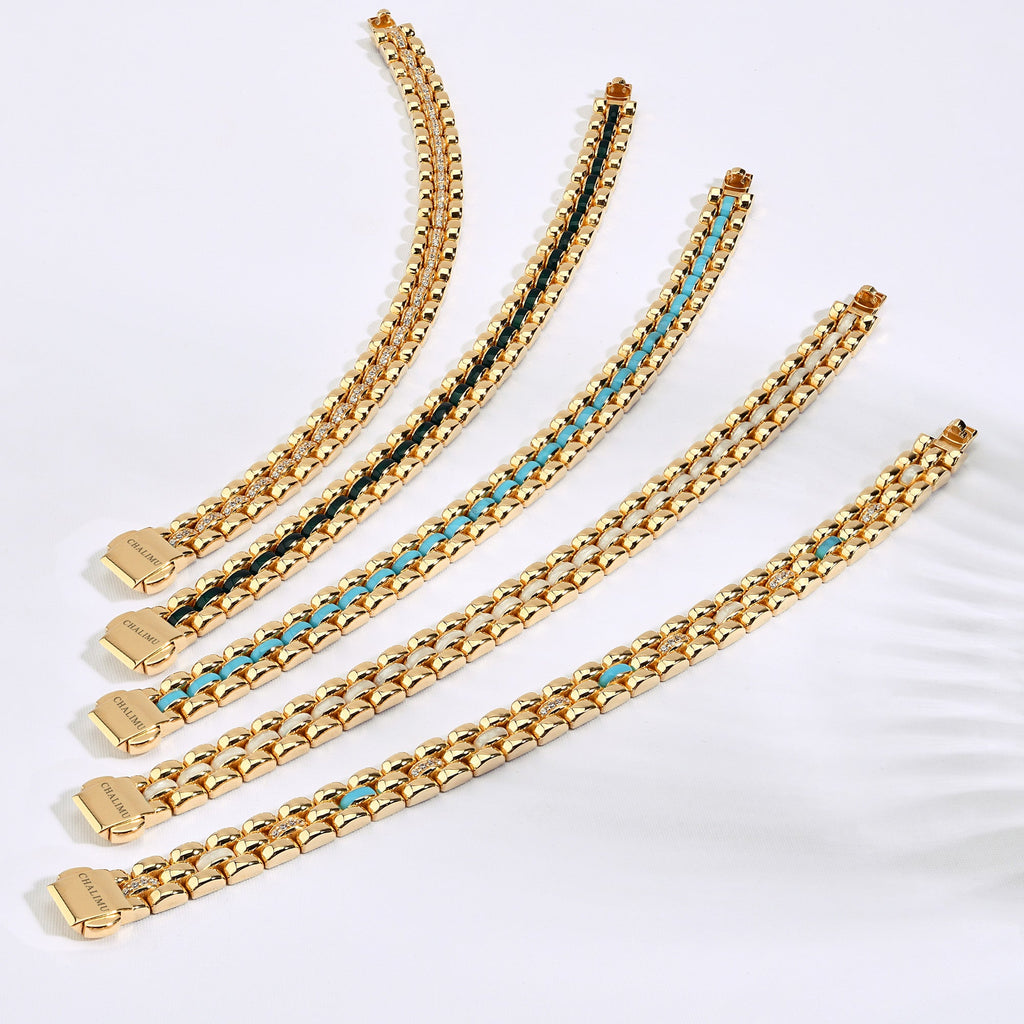 CHALIMU 9MM 14K  Gold Bracelet With Pearl and Blue Enamel