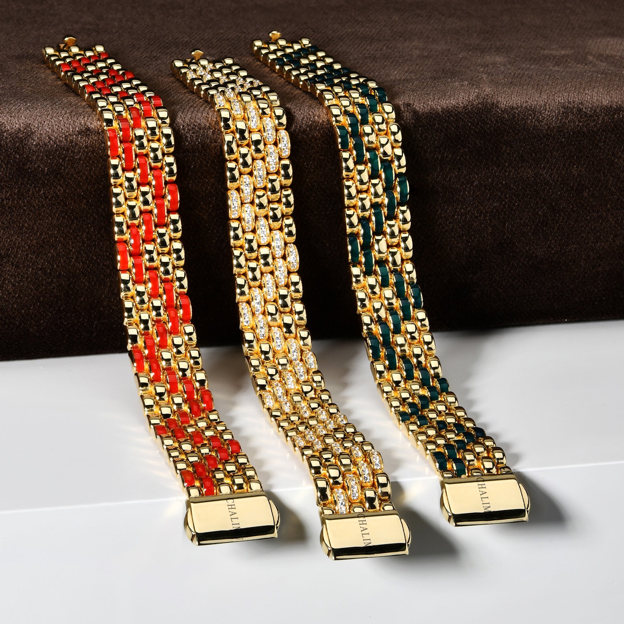 İtalyan 18 Ayar Altın Kaplama Gümüş Bileklik 14mm Kırmızı Mineli | Le Lien Royal